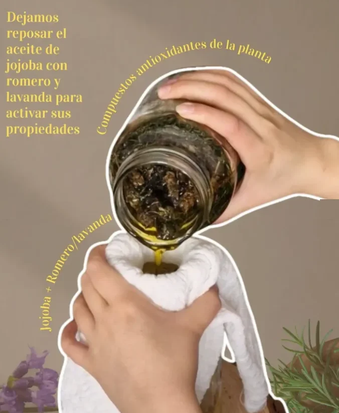 Manos colando aceite de jojoba macerado con romero y lavanda a través de una tela
